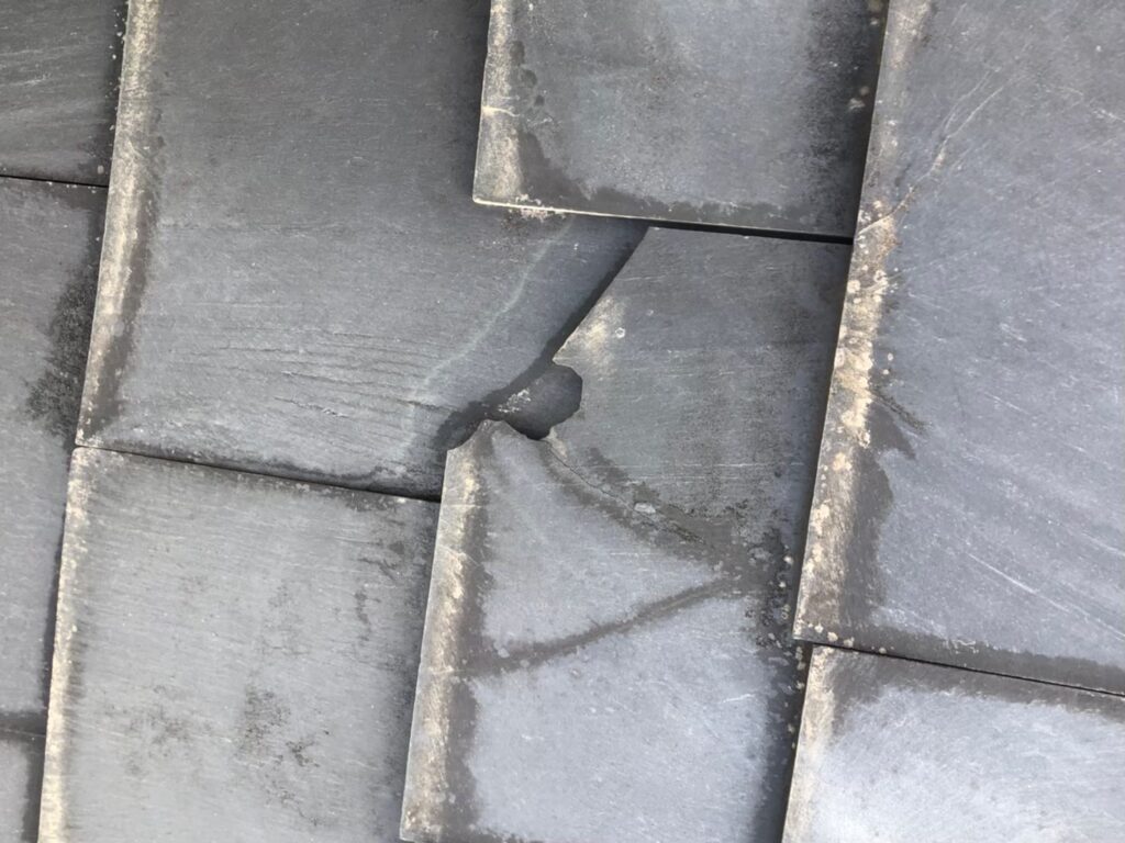 台風の影響により屋根材にひび割れが生じた状態