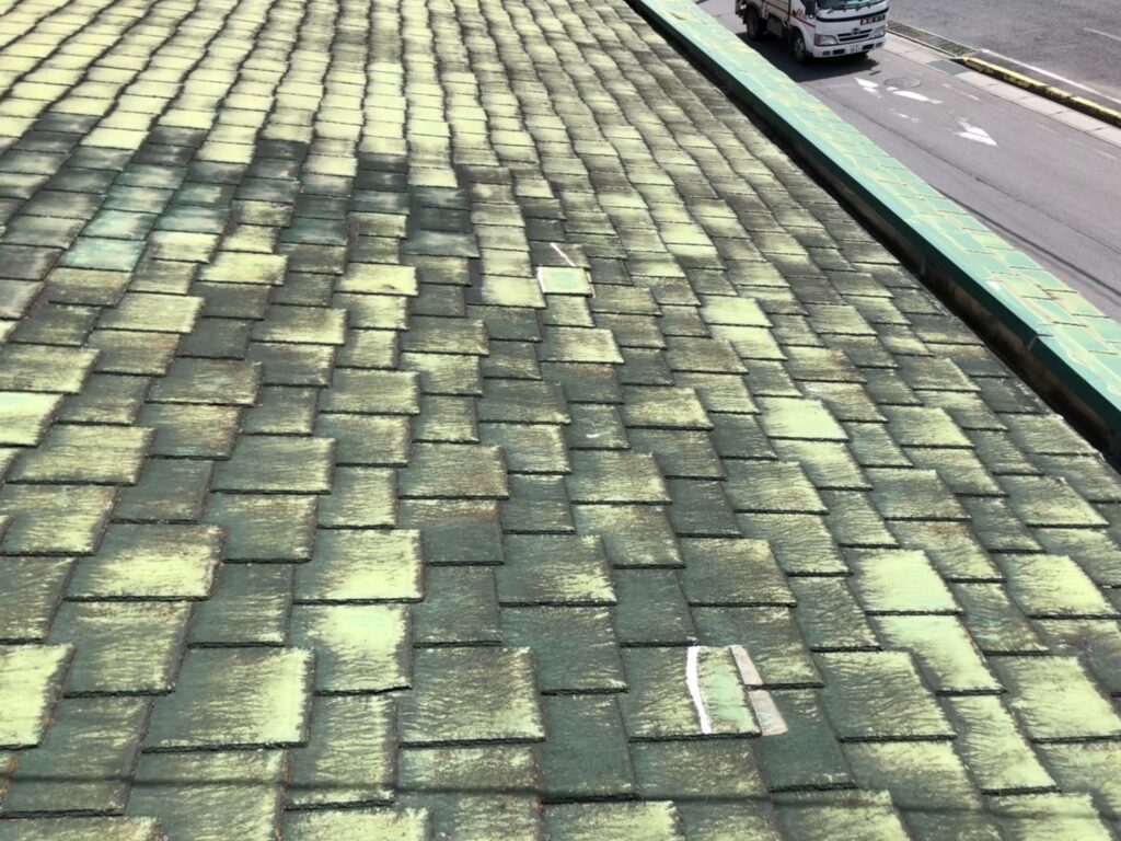 屋根材に黒ずみ汚れが発生し、防水性能が低下している状態