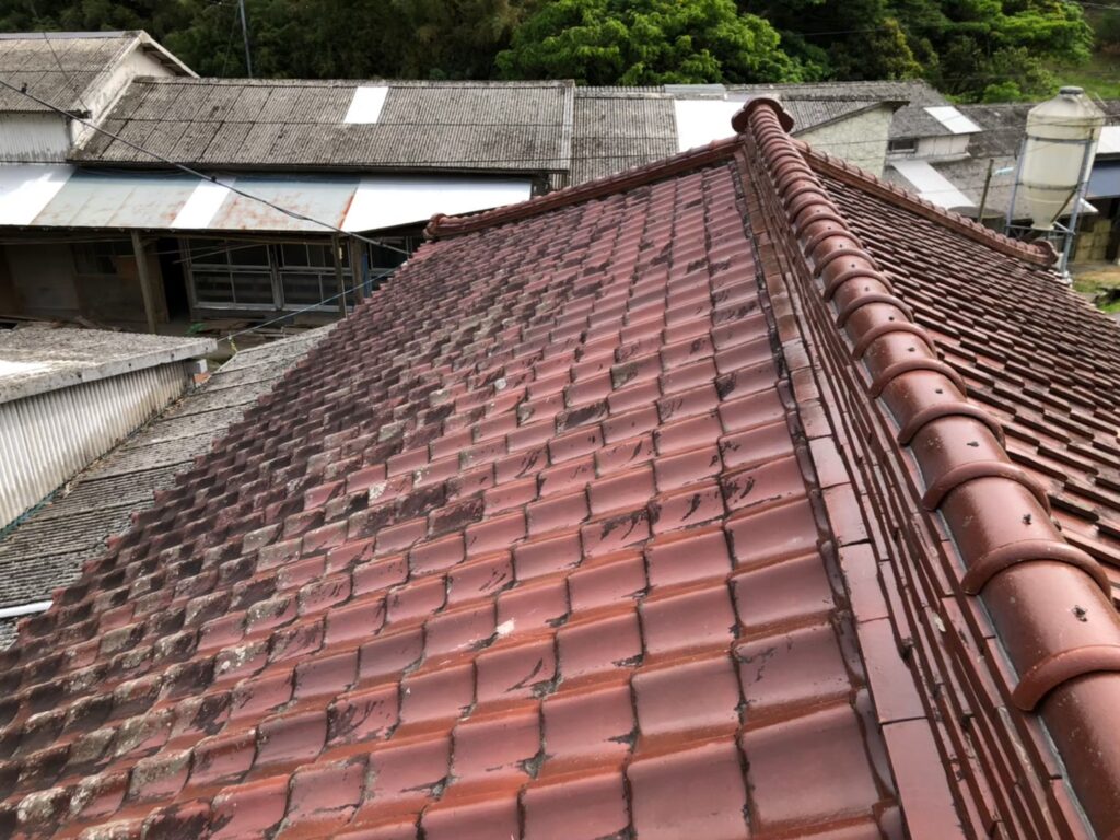 屋根材に黒ずみ汚れが発生し、防水性能が低下している状態