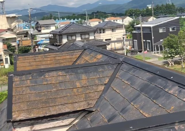 経年劣化で屋根表面に汚れ・苔が広がっている状態