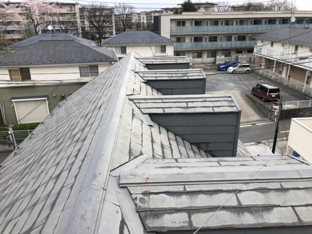 屋根材に黒ずみ汚れが発生し、防水性能が低下している状態