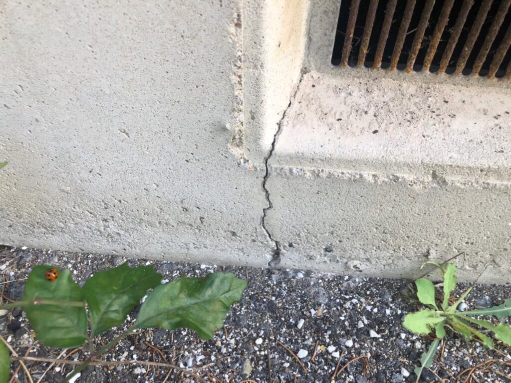 地震の影響により基礎表面にひび割れが広がり、劣化が進行している状況