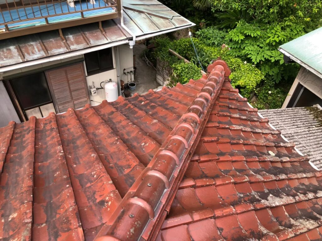 屋根材に黒ずみ汚れが発生し、防水性能が低下している状態