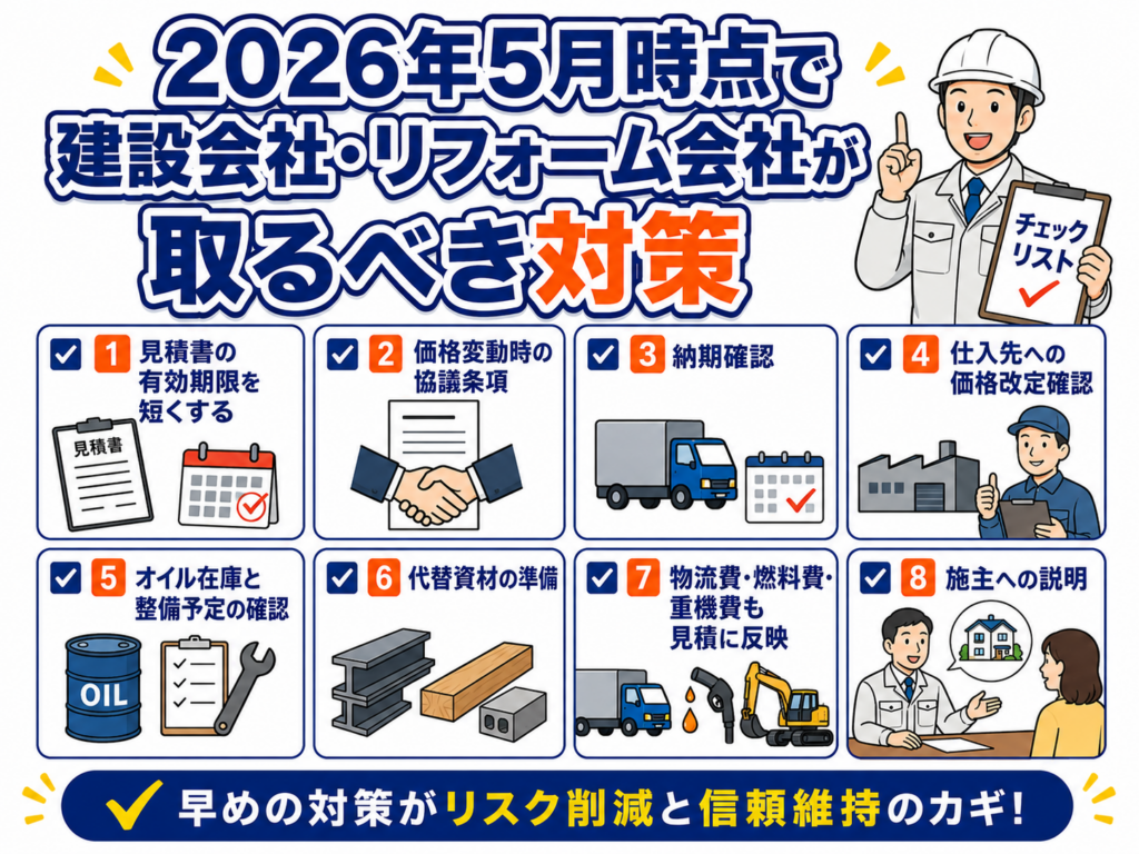 見積期限、価格変動条項、在庫確認、代替資材、車両整備、施主説明をチェックリスト化した図解。