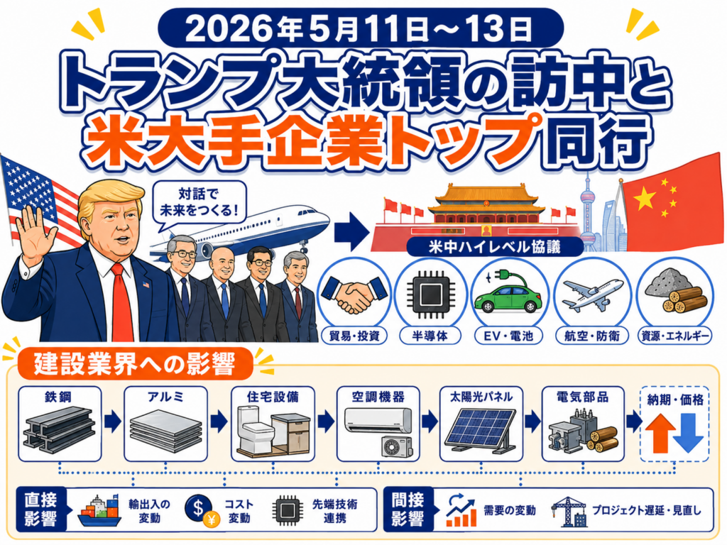 トランプ大統領、米大手企業トップ、中国、半導体、EV、航空機、建築資材への波及を表す図解。