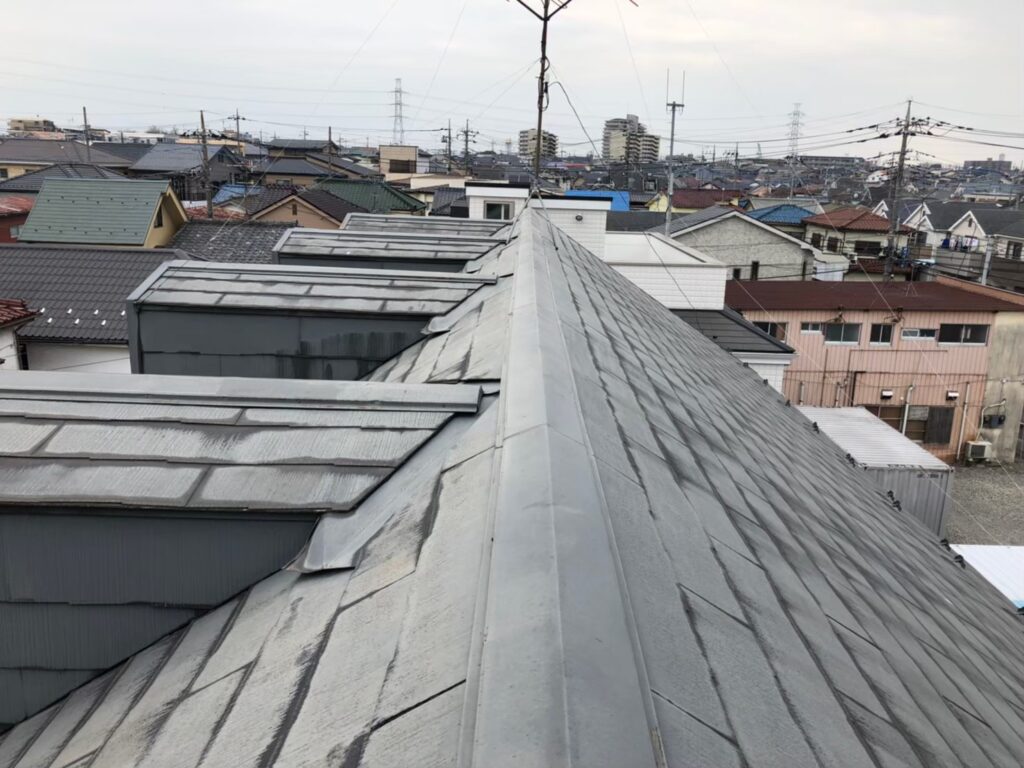 屋根材に黒ずみ汚れが発生し、防水性能が低下している状態