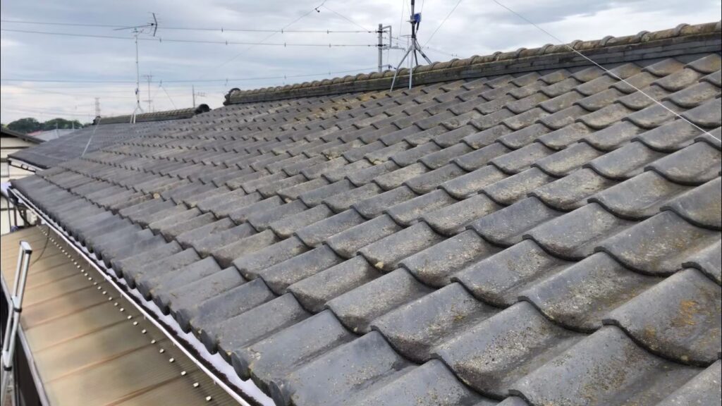 屋根材に黒ずみ汚れが発生し、防水性能が低下している状態