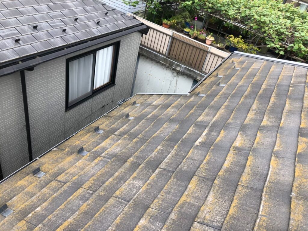 経年劣化で屋根表面に汚れ・苔が広がっている状態