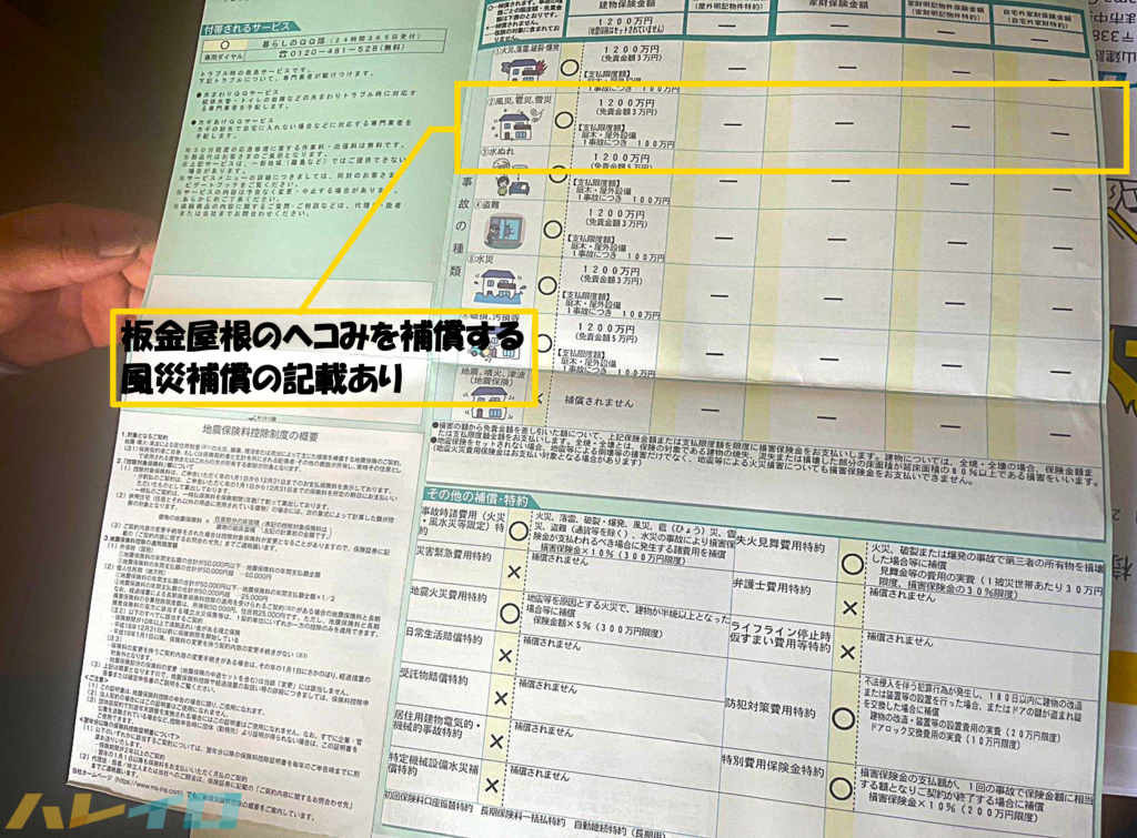 風災の補償内容が明記された実際の保険証券
