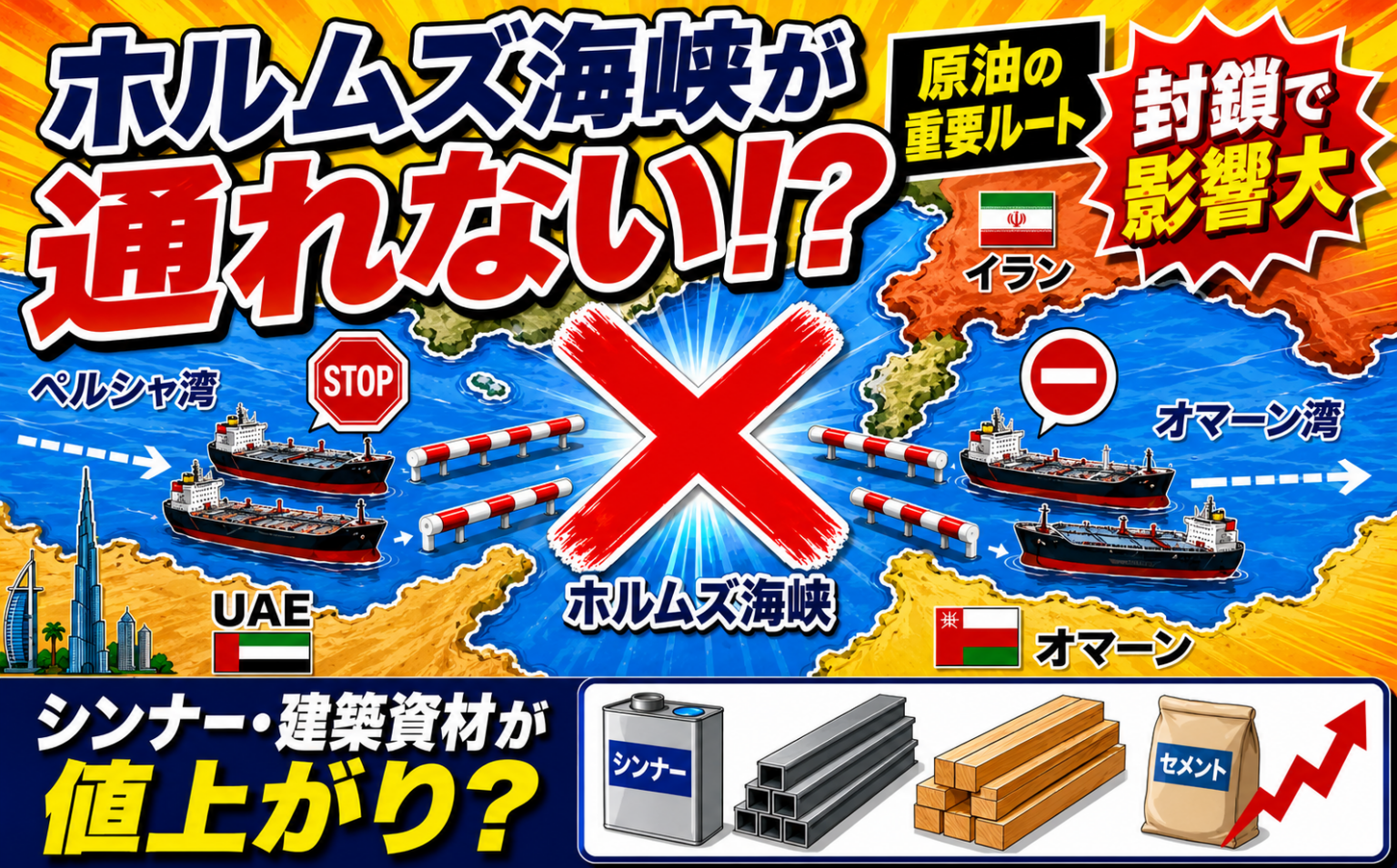 【2026年4月25日更新】ホルムズ海峡が封鎖されるとシンナーや建築資材が値上がりする理由を詳しく解説