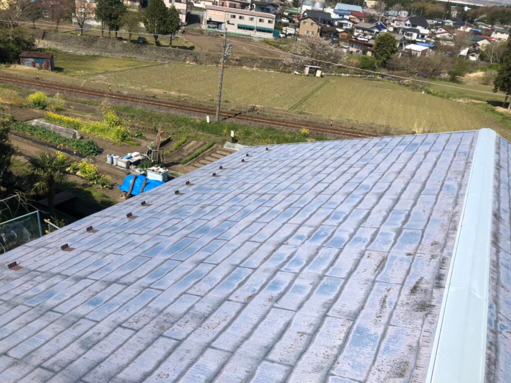 屋根材に黒ずみ汚れが発生し、防水性能が低下している状態