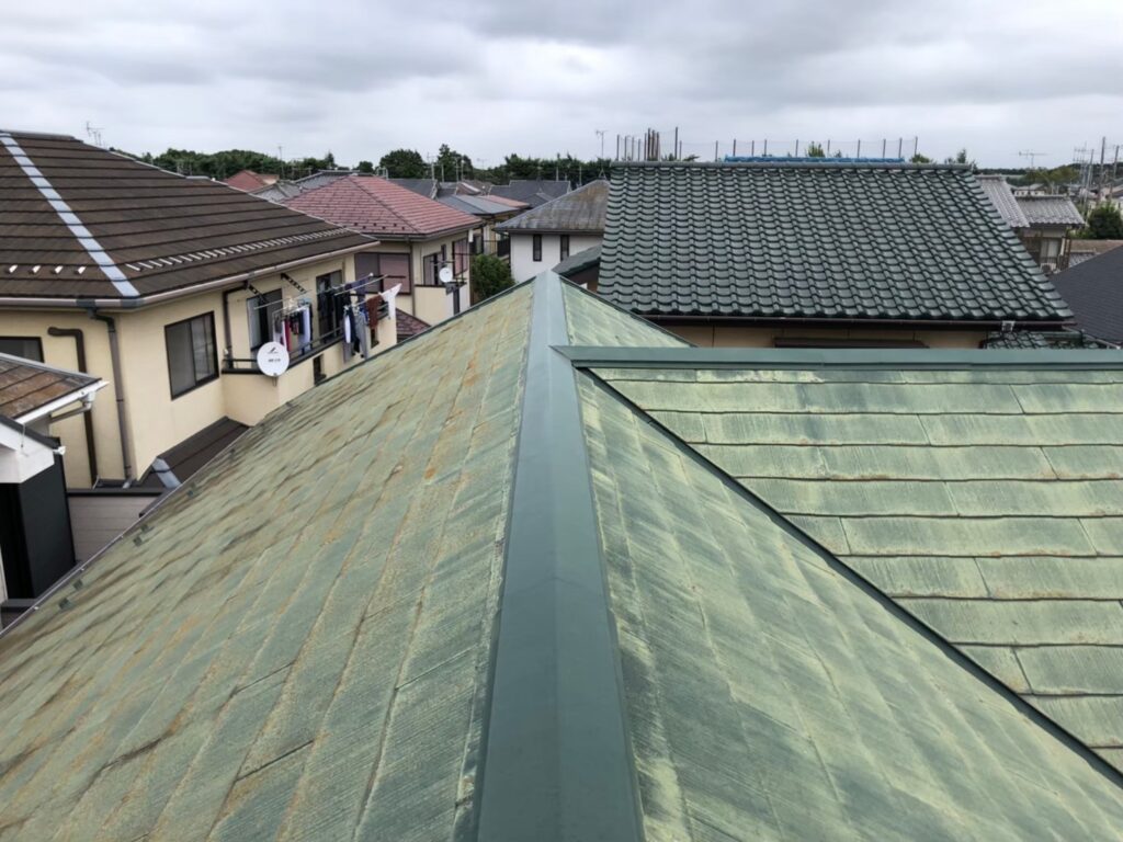屋根材に黒ずみ汚れが発生し、防水性能が低下している状態