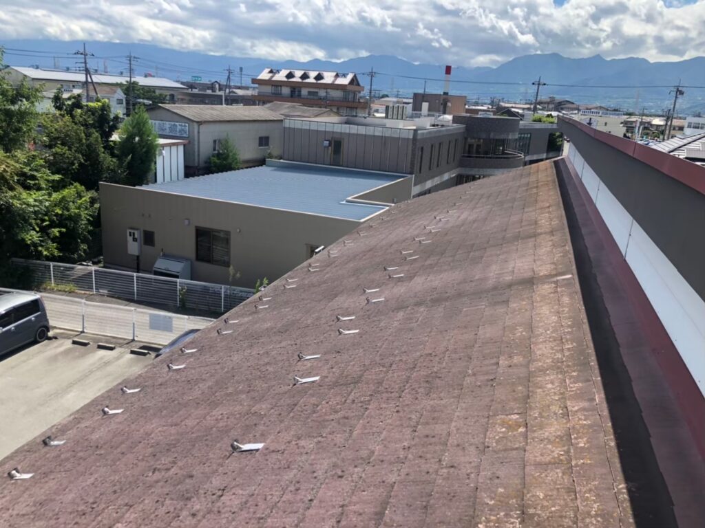 屋根材に黒ずみ汚れが発生し、防水性能が低下している状態