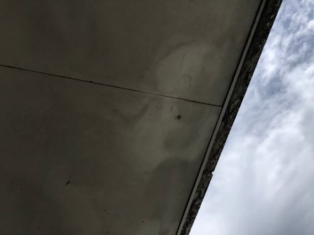 雨漏りによる水分で軒天に茶色い雨染みが生じている状態