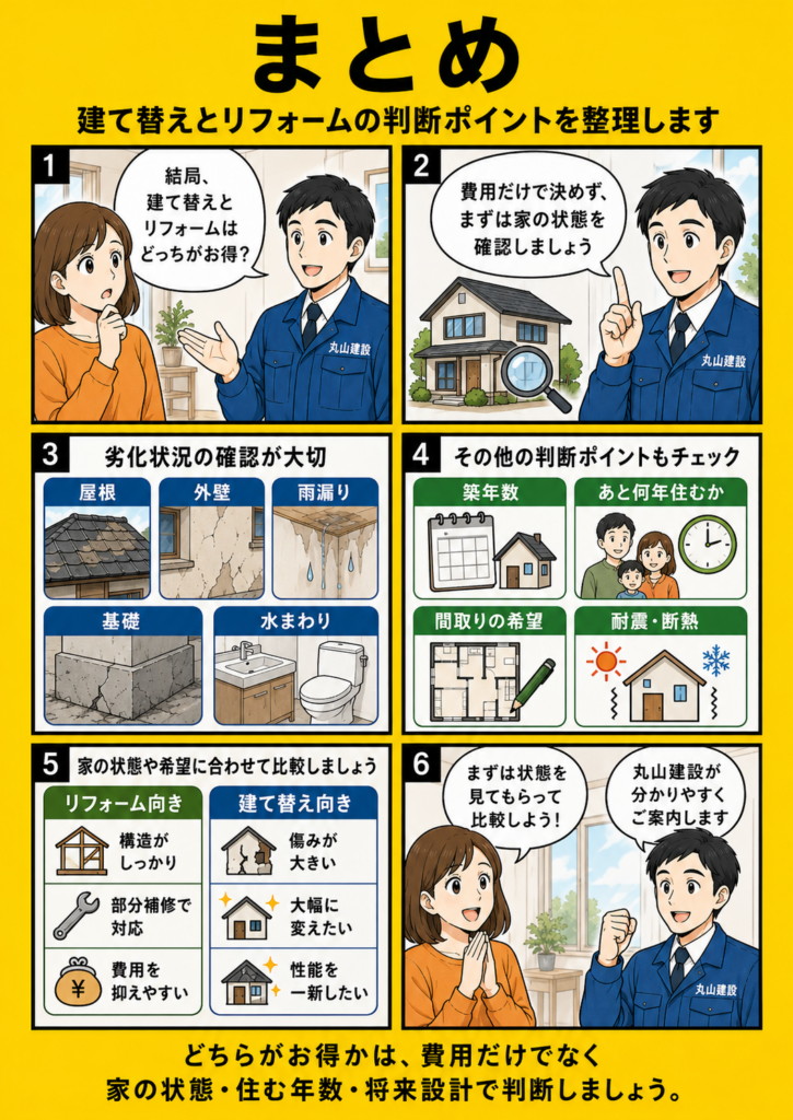 建て替えとリフォームのどちらがお得かは、費用だけでなく家の劣化状況・築年数・今後住む年数で判断することをまとめた漫画画像