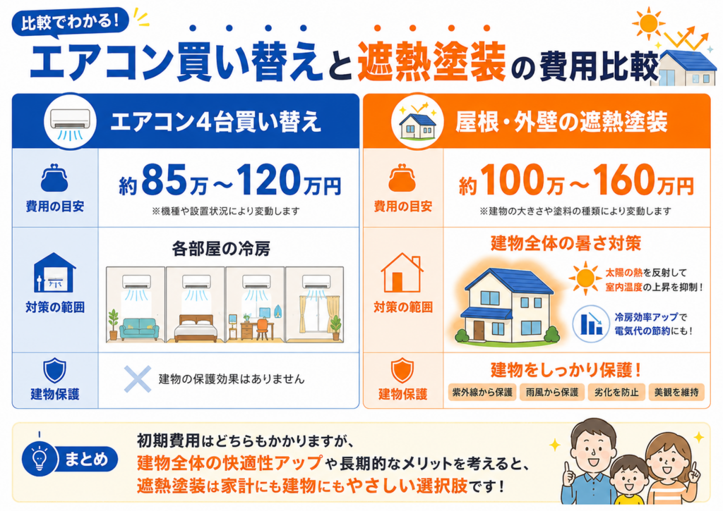エアコン4台100万円と遮熱塗装100万〜150万円を比較する図解。