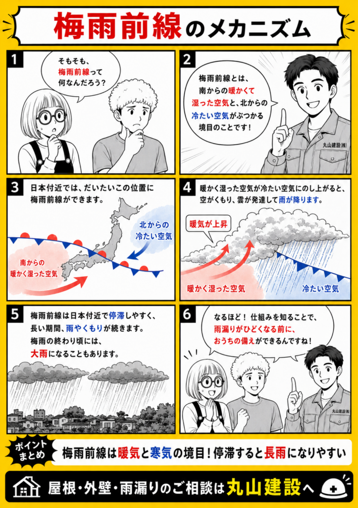 梅雨前線が暖かく湿った空気と冷たい空気の境目で発生し、長雨や大雨を引き起こす仕組みを解説する漫画