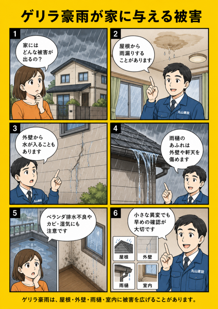 ゲリラ豪雨によって屋根の雨漏り、外壁のひび割れ、雨樋のあふれ、ベランダ排水不良が起こる様子を漫画で解説する画像
