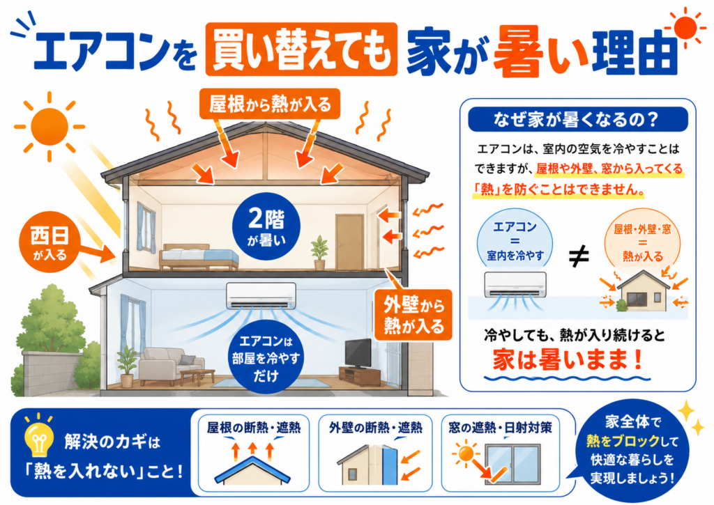 エアコンをつけても、屋根・外壁から熱が入り続けて室内が暑い図解。