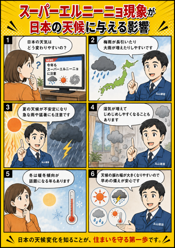 スーパーエルニーニョ現象により日本で長雨・大雨・猛暑・湿気・暖冬傾向などが起こりやすいことを解説する漫画画像