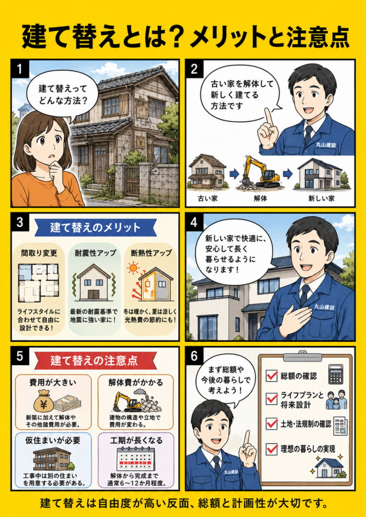 建て替えのメリットとして間取り変更・耐震性・断熱性の向上、注意点として費用や仮住まいが必要なことを解説する漫画画像