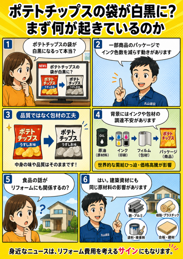 ポテトチップスの袋が白黒になる理由と、原材料不足や価格高騰がリフォーム費用にも関係することを漫画で解説する画像
