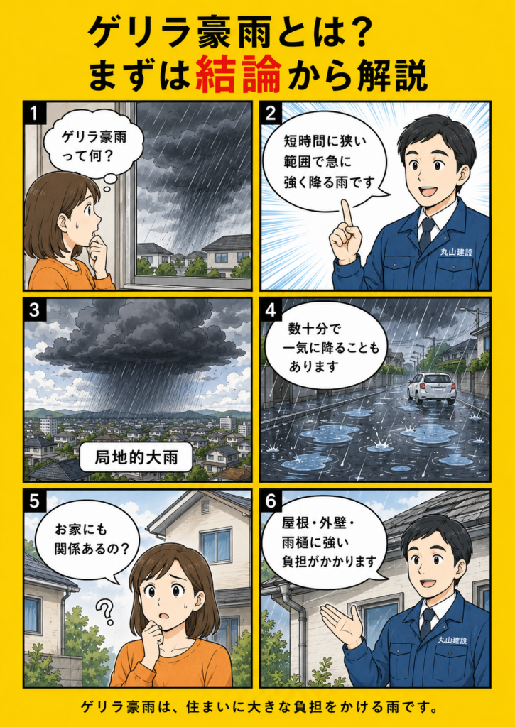 ゲリラ豪雨とは短時間に狭い範囲で急に強い雨が降る現象であり、局地的大雨や集中豪雨との違いを漫画で解説する画像