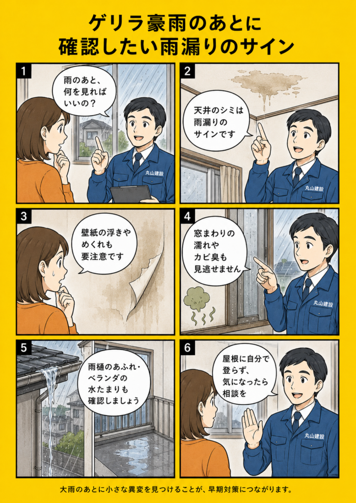 ゲリラ豪雨のあとに天井のシミ、壁紙の浮き、カビ臭、サッシまわりの水滴など雨漏りのサインを確認する漫画画像