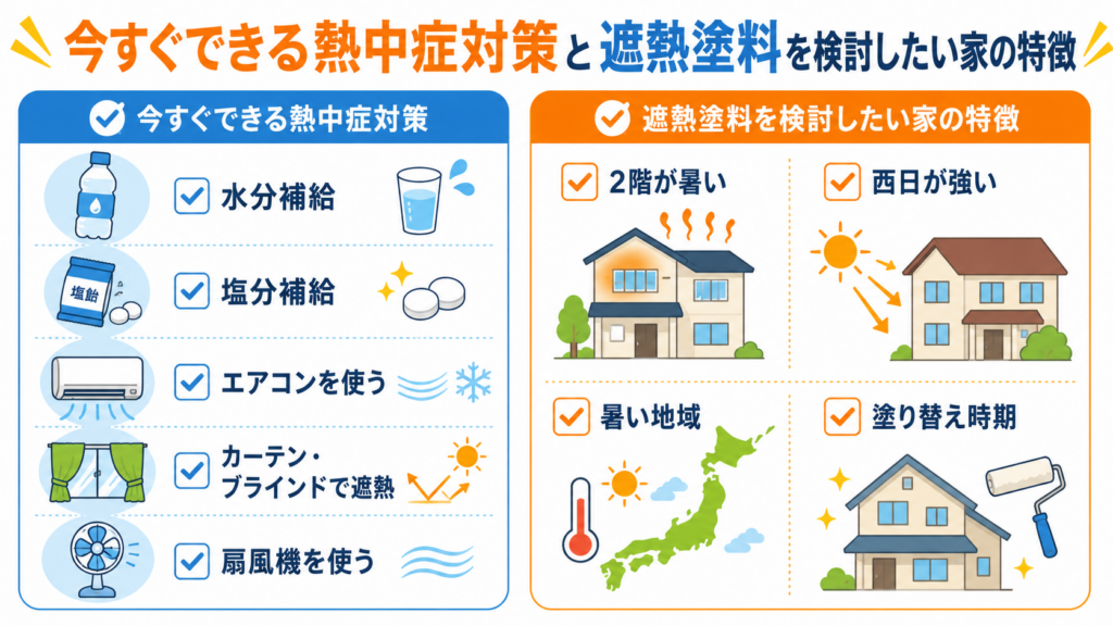 家の中が暑い人が今すぐできる熱中症対策をまとめたイラスト画像