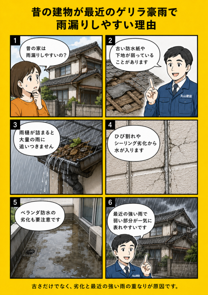 昔の建物が最近のゲリラ豪雨により屋根・外壁・雨樋・防水部分から雨漏りしやすくなる理由を漫画で解説する画像