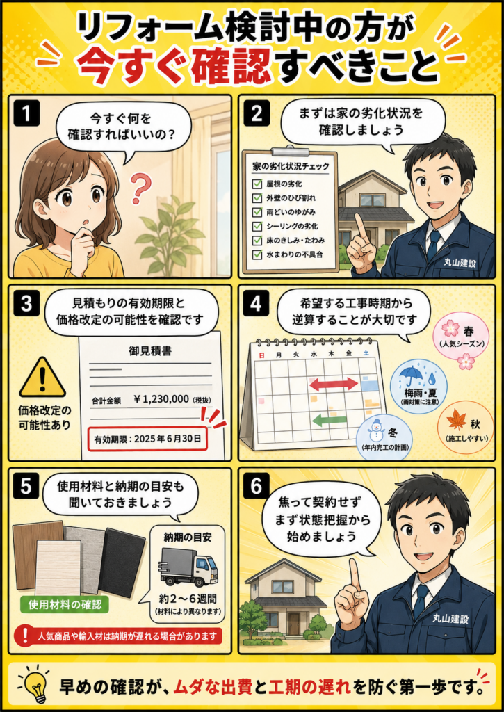 リフォーム検討中の方が家の劣化状況、見積もり期限、使用材料、納期、工事時期を早めに確認すべきことを漫画で解説する画像