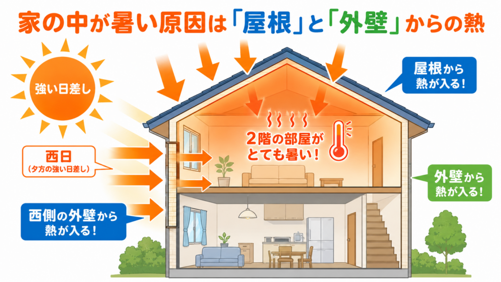 家の中が暑い原因は「屋根」と「外壁」からの熱だという事が説明されているイラスト画像