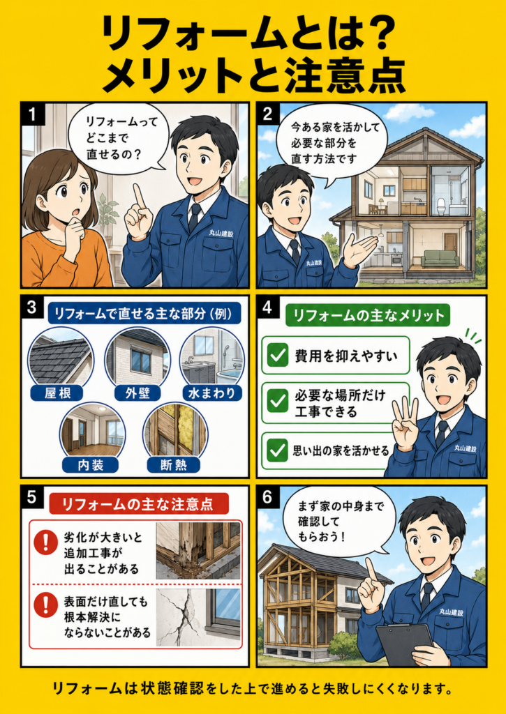 リフォームのメリットとして費用を抑えやすいことや必要な部分だけ直せること、注意点として劣化状況の確認が必要なことを解説する漫画画像