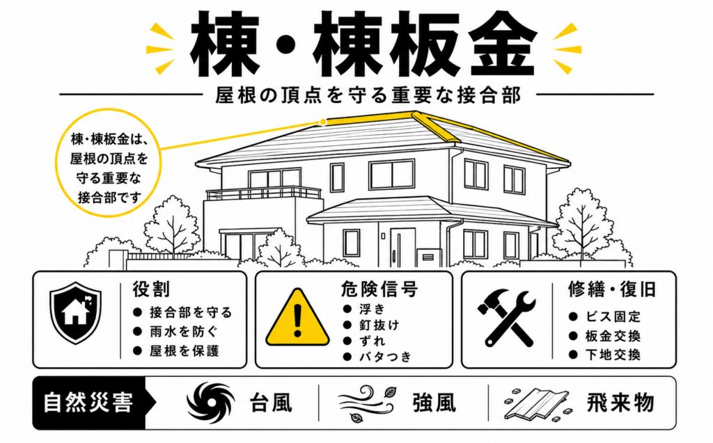 屋根の棟と棟板金の位置、役割、台風で浮きやすい症状を示した解説図