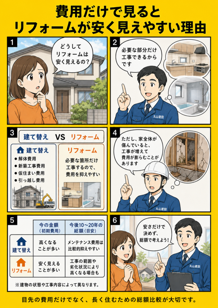 建て替えとリフォームの費用差を比較し、リフォームは必要な部分だけ工事できるため安く見えやすい理由を漫画で解説する画像