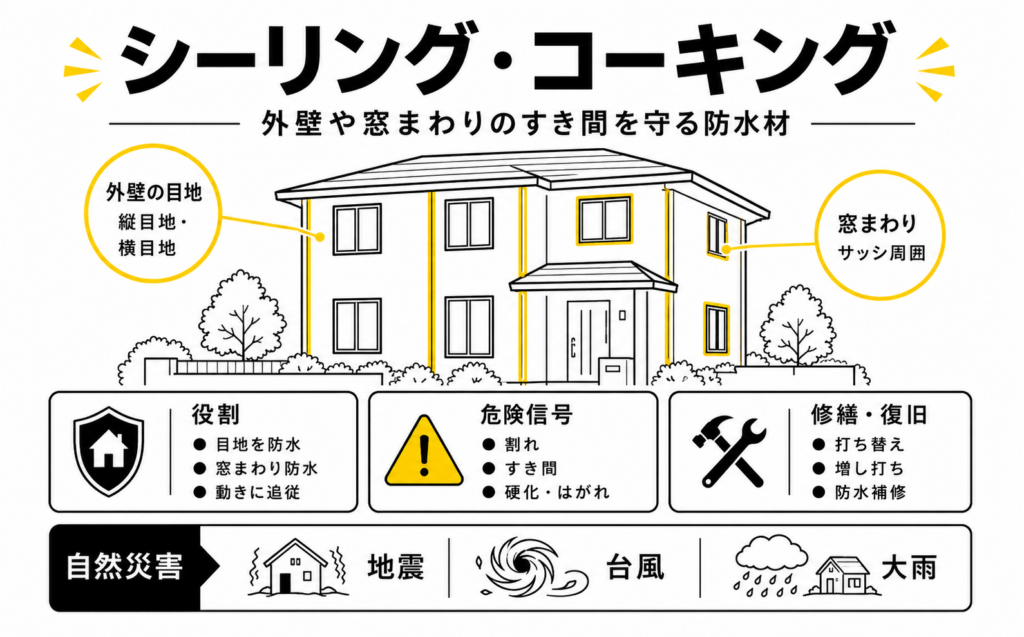 外壁目地のシーリングとコーキングの役割、割れや剥がれの危険信号を示した解説図