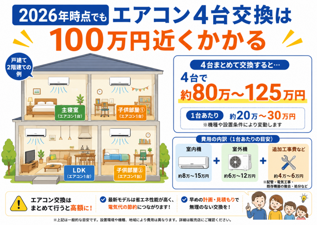 2階建て一軒家にエアコン4台。LDK、主寝室、子供部屋2部屋で合計100万円近くになる図解。