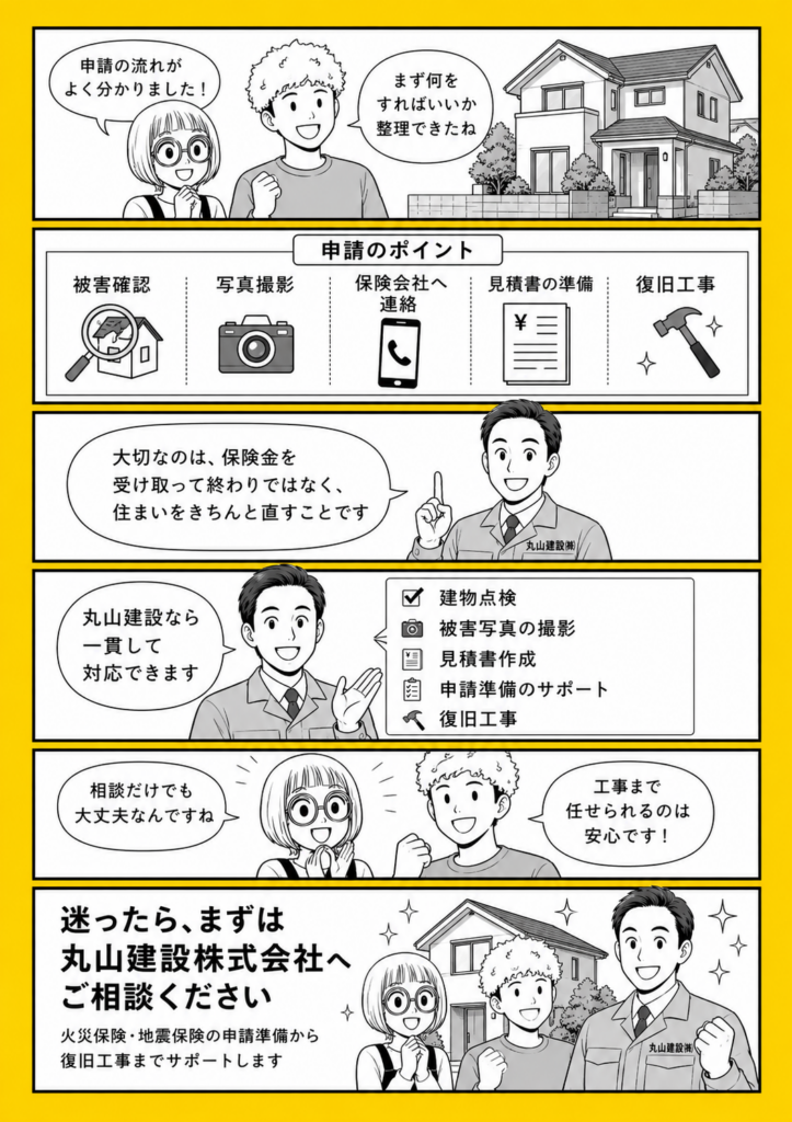火災保険・地震保険の申請準備から復旧工事まで丸山建設株式会社が一貫サポートする流れを漫画で解説している画像