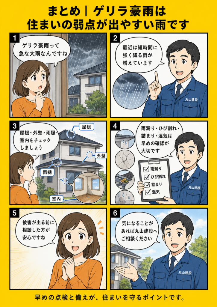 ゲリラ豪雨による雨漏りや住宅被害を防ぐため、屋根・外壁・雨樋・防水部分を早めに確認する重要性をまとめた漫画画像