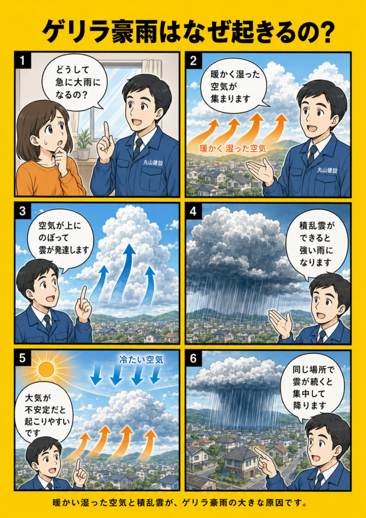 ゲリラ豪雨が発達した積乱雲によって起こり、暖かく湿った空気や上昇気流が関係する仕組みを漫画で解説する画像