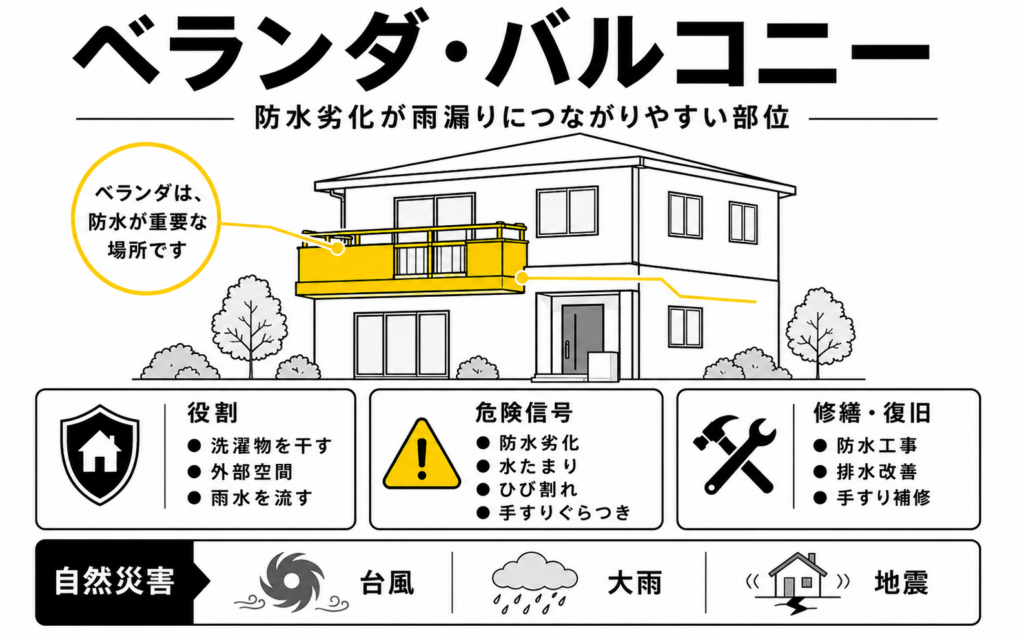 ベランダとバルコニーの防水劣化、排水不良、ひび割れを示した解説図