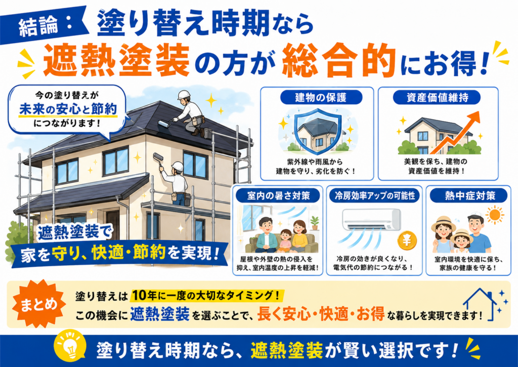 「エアコン＝冷やす」「遮熱塗装＝熱を入れにくくする」「資産価値維持」の図解。