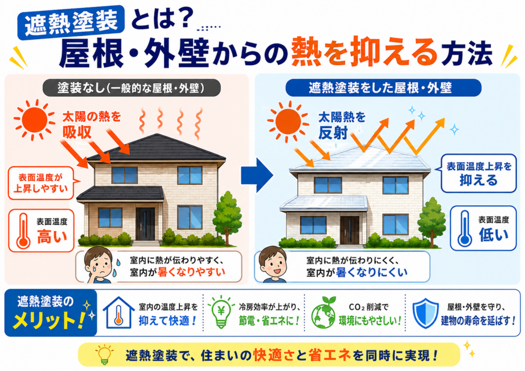 通常塗装の屋根は熱を吸収、遮熱塗装の屋根は太陽光を反射する比較イラスト。
