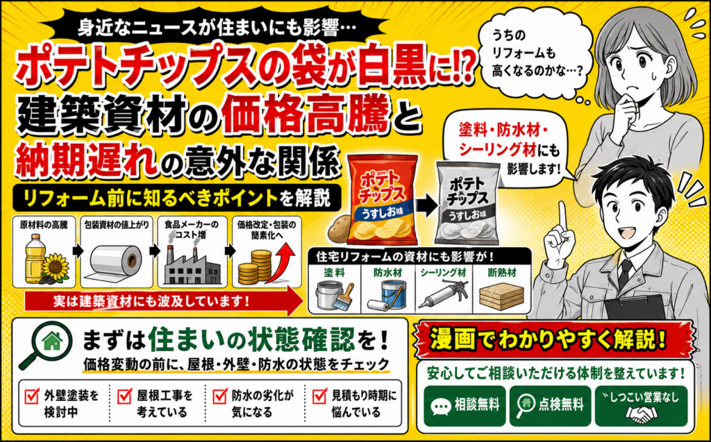 【2026年最新版】ポテトチップスの袋が白黒に？建築資材の価格…