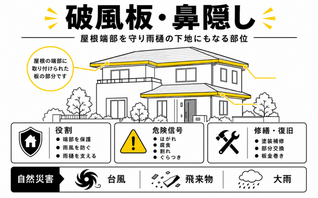 破風板と鼻隠しの違い、屋根端部を守る役割、劣化サインを示した解説図