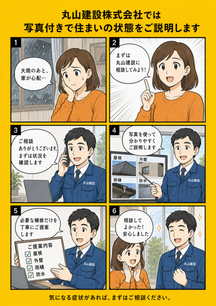 丸山建設株式会社が屋根・外壁・雨樋・ベランダの状態を写真付きでわかりやすく説明する漫画画像