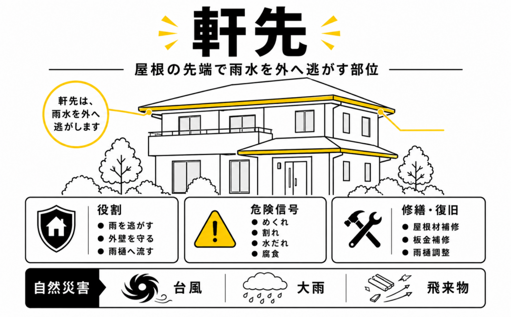 一戸建て住宅の軒先の位置、雨水を外へ逃がす役割、破損サインを示した解説図