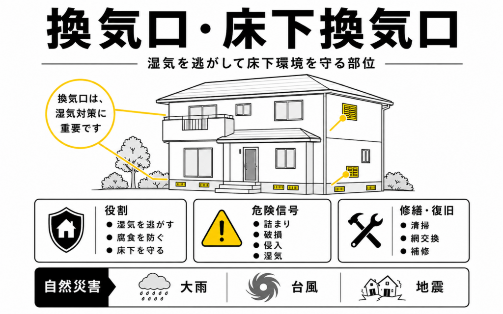 床下換気口と外壁換気口の役割、詰まりや破損の危険信号を示した解説図