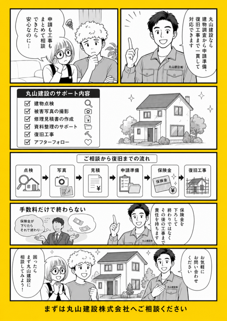 火災保険と地震保険の申請サポートから復旧工事まで丸山建設株式会社へ相談する家族の白黒漫画