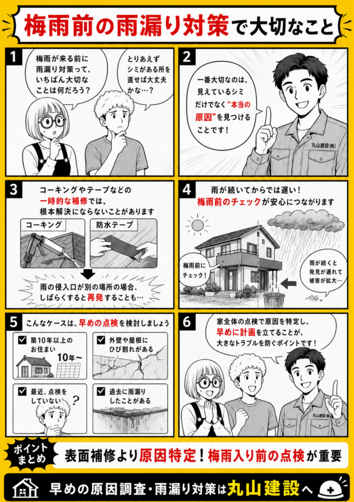 梅雨前の雨漏り対策では表面補修だけでなく原因特定と早めの点検が重要なことを解説する漫画